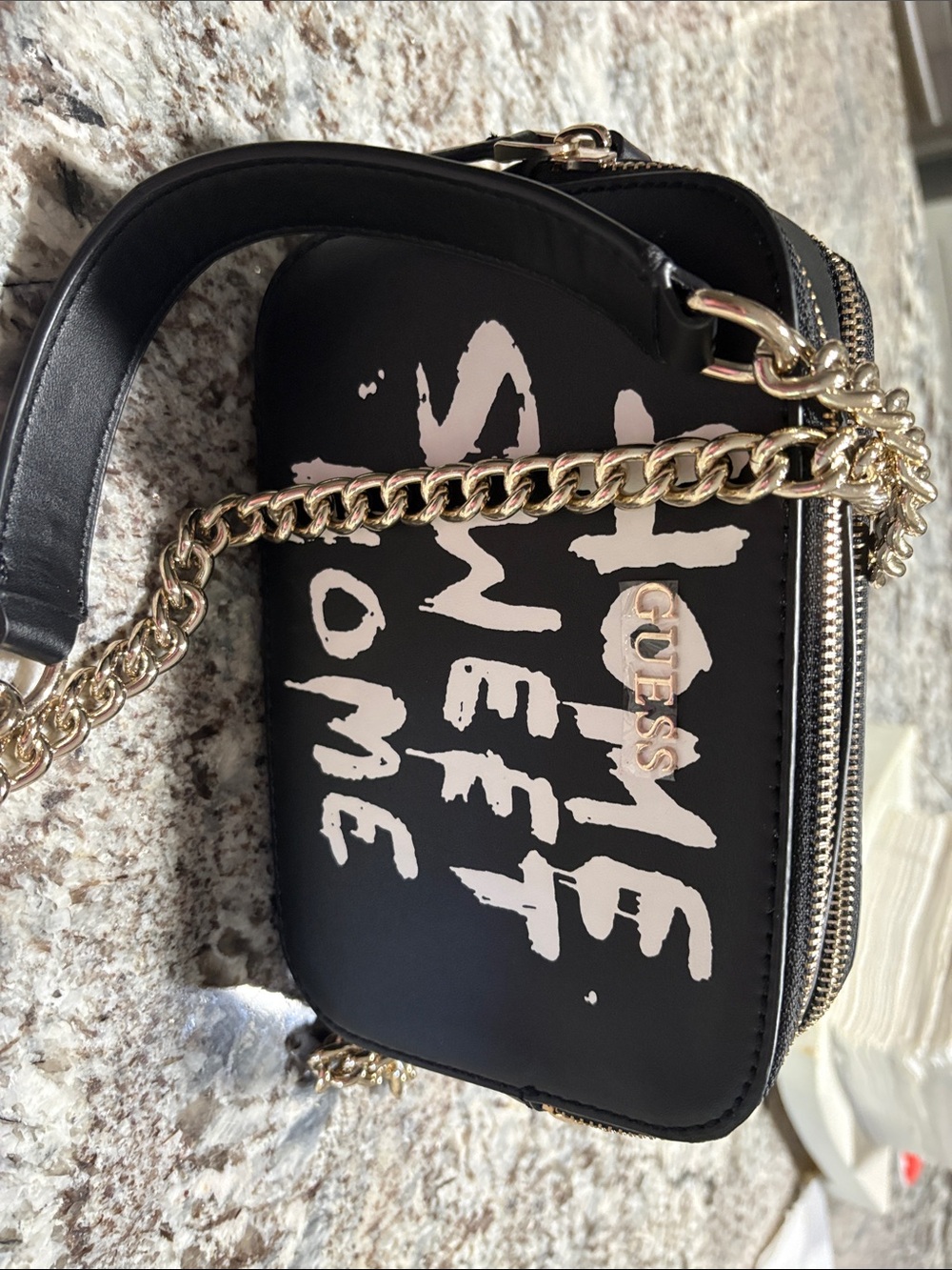 GUESS Black Crossbody Bag with White Graphic and Gold Chain